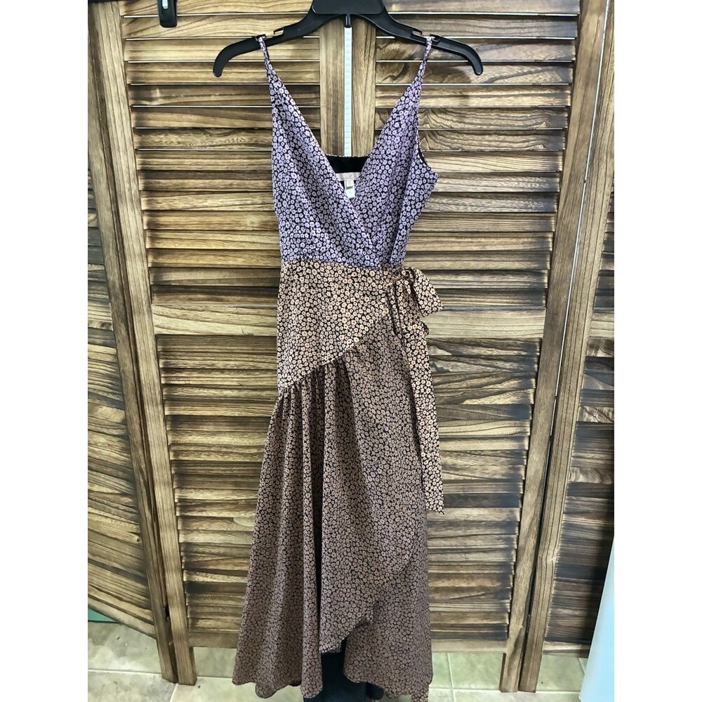 Hutch x Anthropologie Women's S Purple/Brown Floral Wrap Dress V-Neck Lined